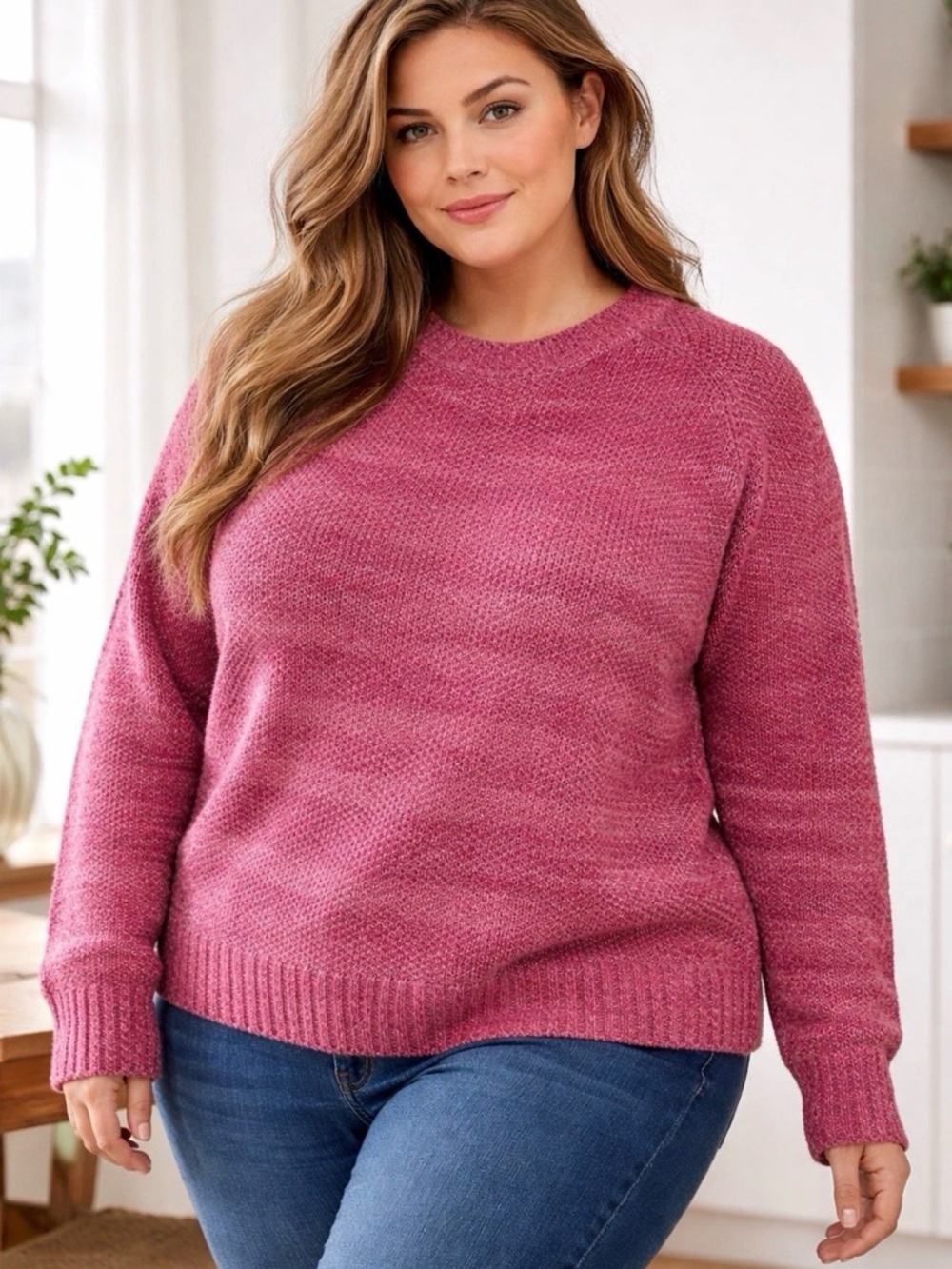 Lands End Womens Sweater Plus Size 2X Cozy Soft Pink  Layering Marled Speckled